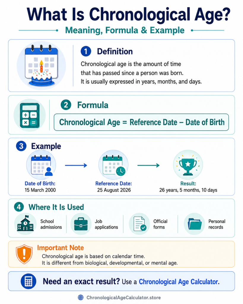 Example showing how chronological age is calculated from date of birth and reference date